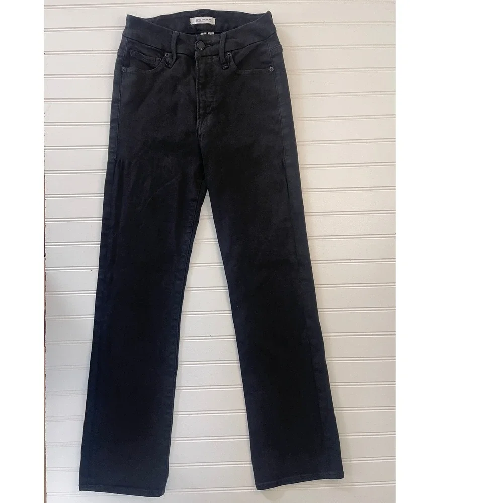 Good American Good Straight Jeans Black High Rise Straight Leg Size 0 25
